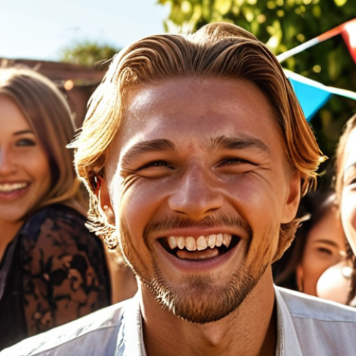 Home 23 ** A confident Leo, radiating sunshine, celebrating a work promotion at a lively party with friends. Focus on the joy and outward expression of success.
**