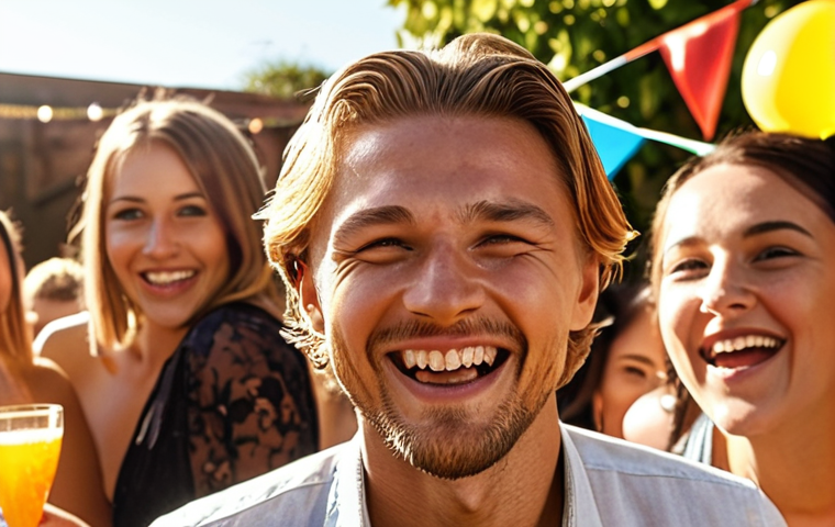** A confident Leo, radiating sunshine, celebrating a work promotion at a lively party with friends. Focus on the joy and outward expression of success.

**