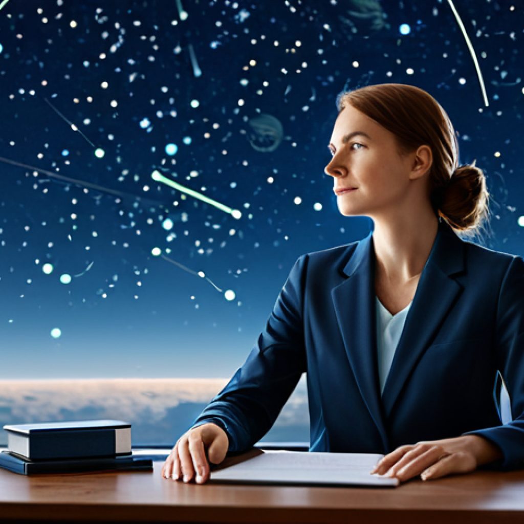 A professional woman, fully clothed in a modest, elegant business casual outfit, sits thoughtfully at a sleek desk in a modern, well-lit study. Behind her, a large window reveals a serene night sky with subtle, softly glowing astrological constellations and nebulae. She gently touches a holographic display of a cosmic chart. The scene evokes introspection and cosmic connection, depicted with professional photography and high detail. safe for work, appropriate content, professional, perfect anatomy, correct proportions, natural pose, well-formed hands, proper finger count, natural body proportions.