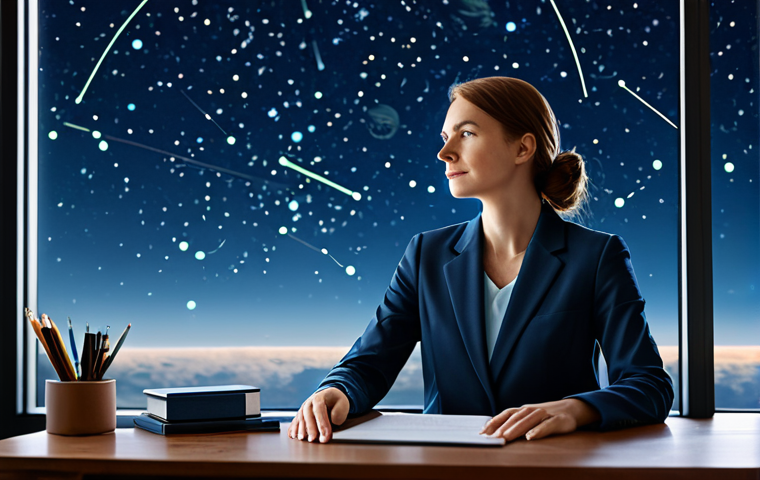 A professional woman, fully clothed in a modest, elegant business casual outfit, sits thoughtfully at a sleek desk in a modern, well-lit study. Behind her, a large window reveals a serene night sky with subtle, softly glowing astrological constellations and nebulae. She gently touches a holographic display of a cosmic chart. The scene evokes introspection and cosmic connection, depicted with professional photography and high detail. safe for work, appropriate content, professional, perfect anatomy, correct proportions, natural pose, well-formed hands, proper finger count, natural body proportions.