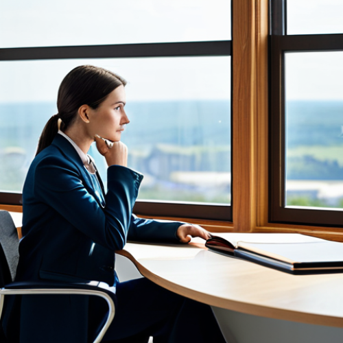 Home 20 A professional individual, fully clothed in modest, contemporary business attire, is seated at a clean, modern desk in a well-lit, serene office environment. The subject is deep in thought, looking contemplatively towards a large window where subtle, artistic representations of celestial bodies (like stars or a crescent moon) are visible on the distant horizon, suggesting a connection to astrological wisdom and self-discovery. The image conveys introspection and purpose. Perfect anatomy, correct proportions, natural pose, well-formed hands, proper finger count. High-quality professional photography, natural light. safe for work, appropriate content, fully clothed, professional.