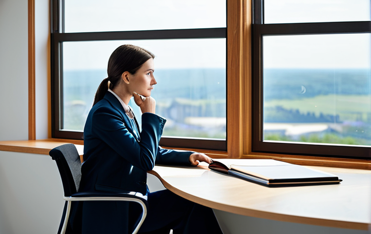 A professional individual, fully clothed in modest, contemporary business attire, is seated at a clean, modern desk in a well-lit, serene office environment. The subject is deep in thought, looking contemplatively towards a large window where subtle, artistic representations of celestial bodies (like stars or a crescent moon) are visible on the distant horizon, suggesting a connection to astrological wisdom and self-discovery. The image conveys introspection and purpose. Perfect anatomy, correct proportions, natural pose, well-formed hands, proper finger count. High-quality professional photography, natural light. safe for work, appropriate content, fully clothed, professional.