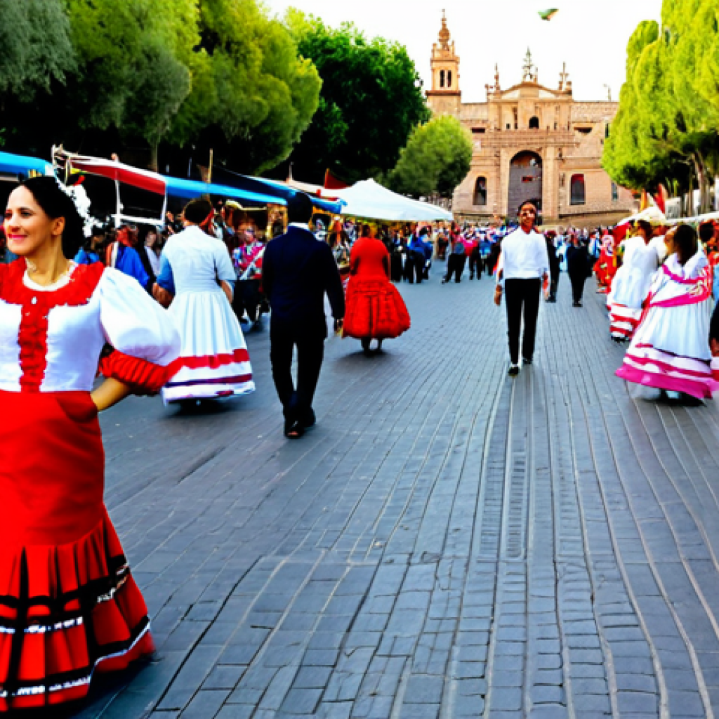 **
"A vibrant street scene in Seville, Spain during Feria de Abril. A woman in a beautiful, traditional flamenco dress ("traje de gitana"), fully clothed and modest, is walking amongst the casetas. Background includes people celebrating, colorful decorations, and lanterns. Safe for work, appropriate content, professional photography, perfect anatomy, natural proportions, family-friendly, high resolution, detailed."
**