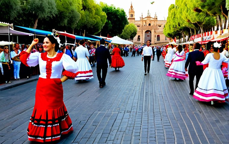 **

"A vibrant street scene in Seville, Spain during Feria de Abril. A woman in a beautiful, traditional flamenco dress ("traje de gitana"), fully clothed and modest, is walking amongst the casetas. Background includes people celebrating, colorful decorations, and lanterns.  Safe for work, appropriate content, professional photography, perfect anatomy, natural proportions, family-friendly, high resolution, detailed."

**