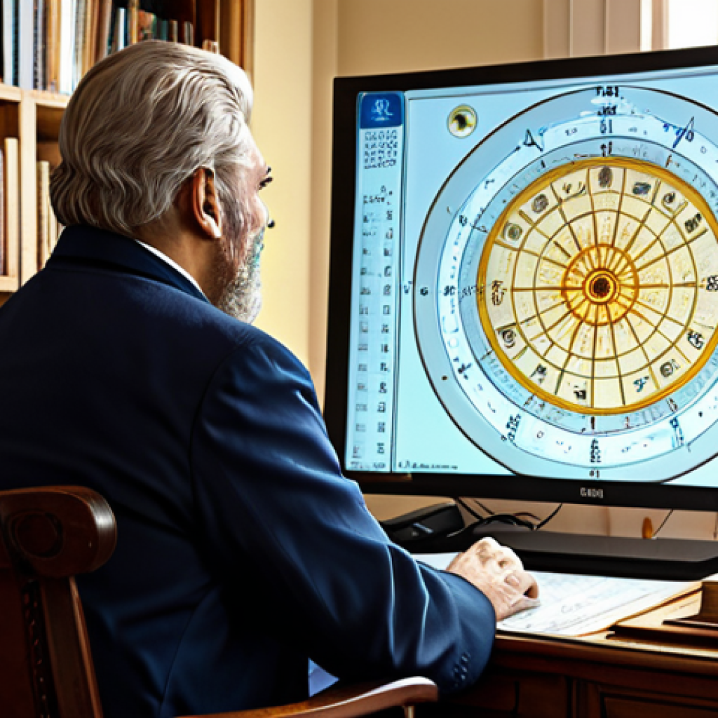 Astrological Chart Reading**
"A professional astrologer, fully clothed in modest attire, sits at a desk with an astrological chart displayed on a computer screen. The scene is in a brightly lit study, with books and celestial maps visible in the background. The astrologer is giving advice to a client, appropriate content, safe for work, perfect anatomy, natural proportions, professional illustration, high quality."
**