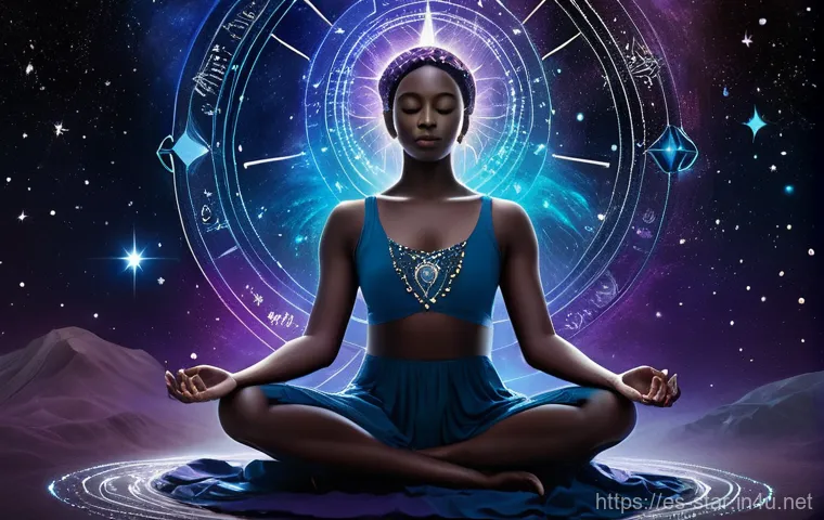 별자리와 차크라 - **Prompt: Cosmic Connection and Natal Chart Revelation**
    A gender-neutral figure, appearing sere...