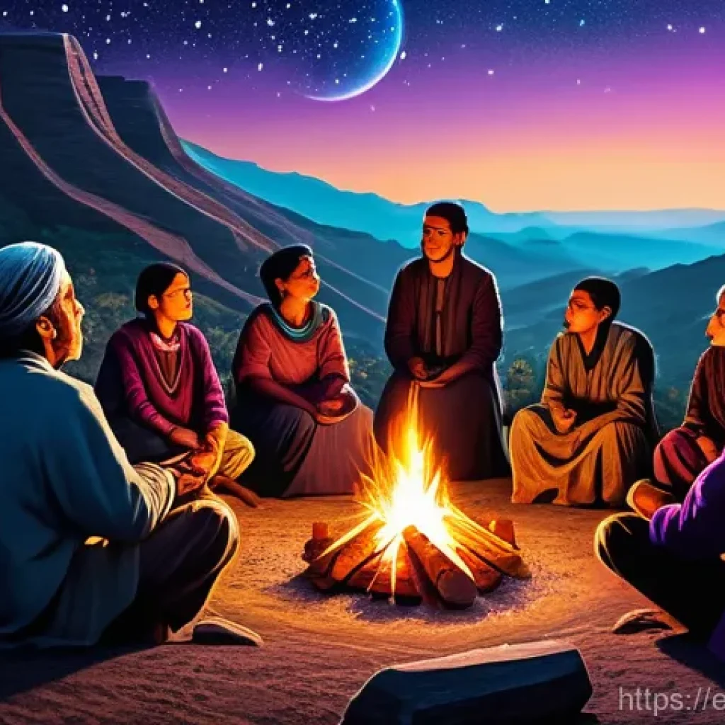 별자리 신화 - A group of diverse individuals from an ancient civilization, possibly inspired by Mayan or Greek cul...