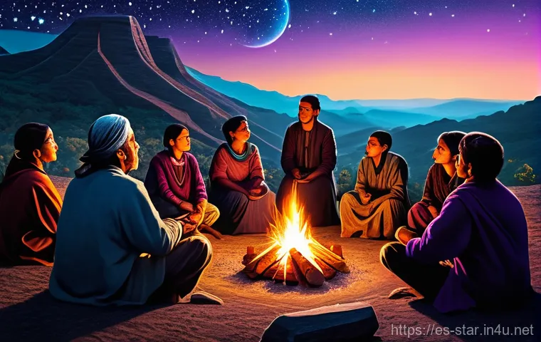 별자리 신화 - A group of diverse individuals from an ancient civilization, possibly inspired by Mayan or Greek cul...