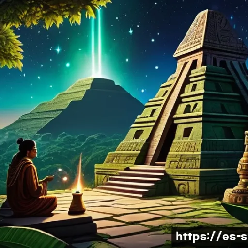 별자리와 정령 신앙 - A detailed ancient celestial observatory scene set in a Mesoamerican jungle at twilight, featuring M...