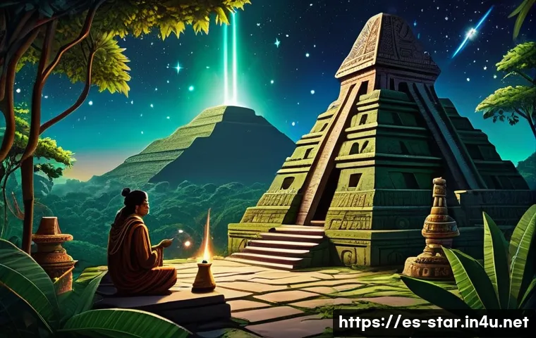 별자리와 정령 신앙 - A detailed ancient celestial observatory scene set in a Mesoamerican jungle at twilight, featuring M...