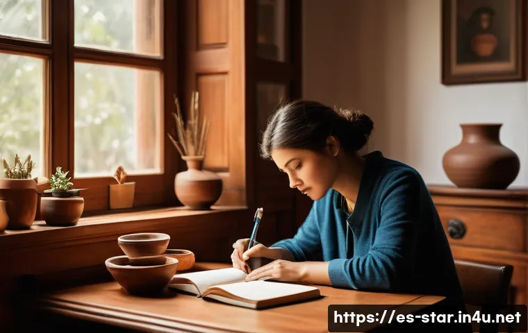 별자리와 작가 유형 - A sensitive writer seated at a wooden desk by a large window in a cozy Spanish-style room, soft natu...