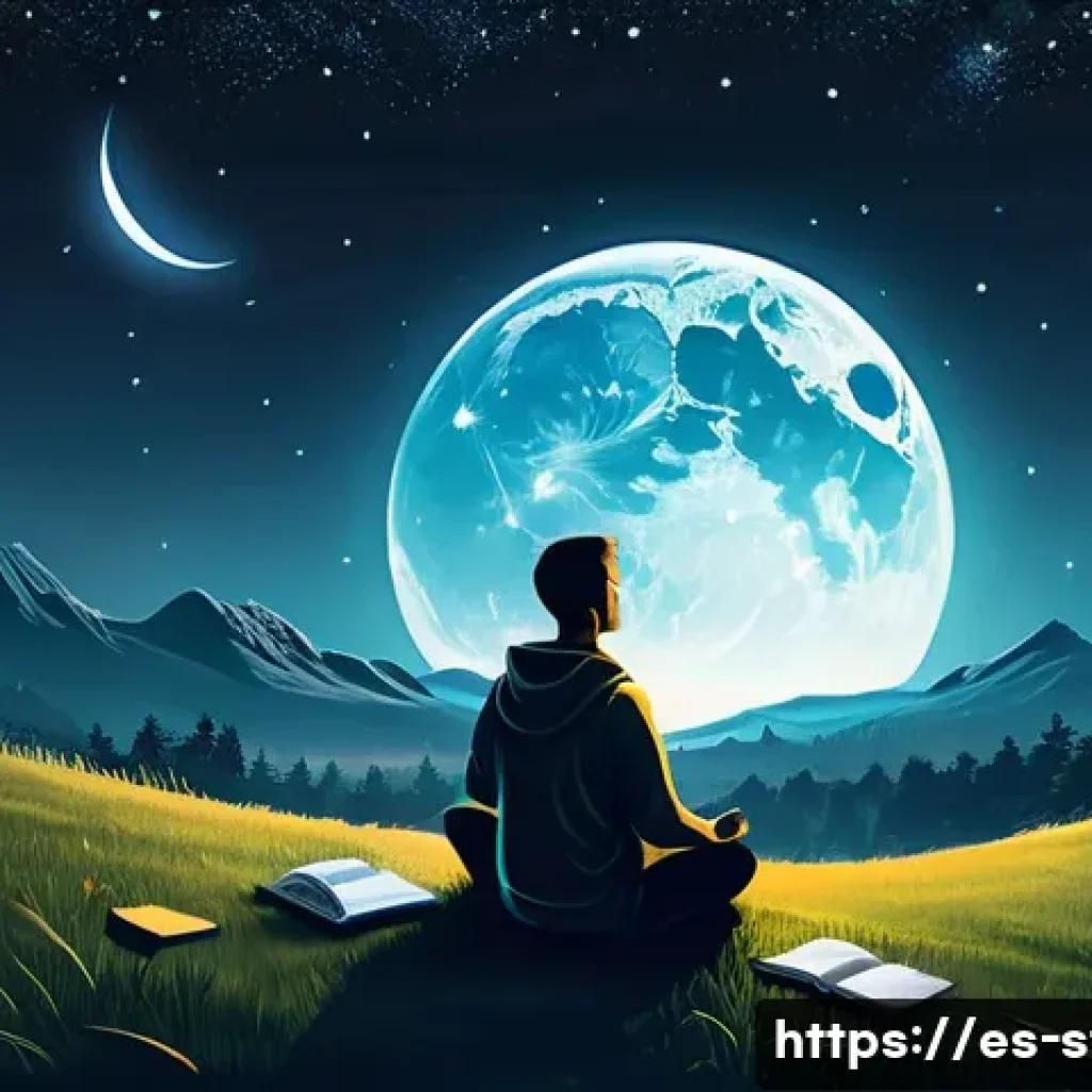 별자리와 보름달 영향 - A serene nighttime scene under a full moon illuminating a tranquil natural landscape, featuring a pe...