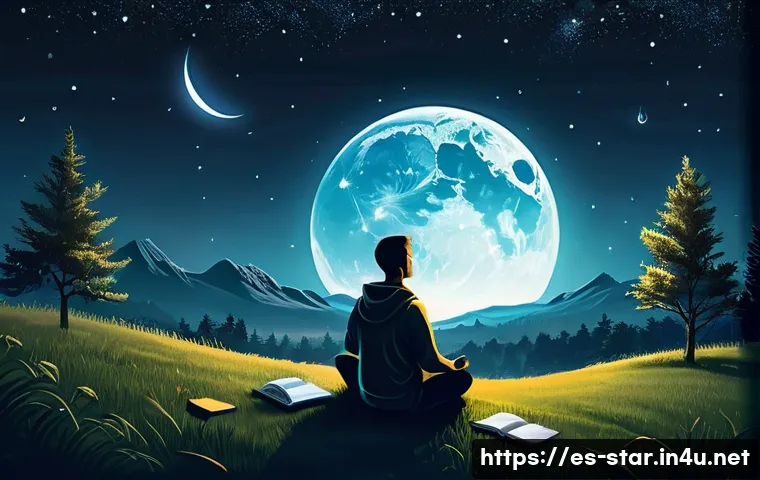 별자리와 보름달 영향 - A serene nighttime scene under a full moon illuminating a tranquil natural landscape, featuring a pe...
