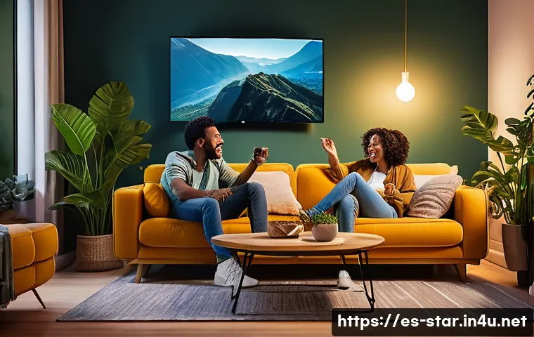 별자리와 드라마 취향 - A vibrant living room scene featuring a group of diverse friends watching a thrilling action-adventu...