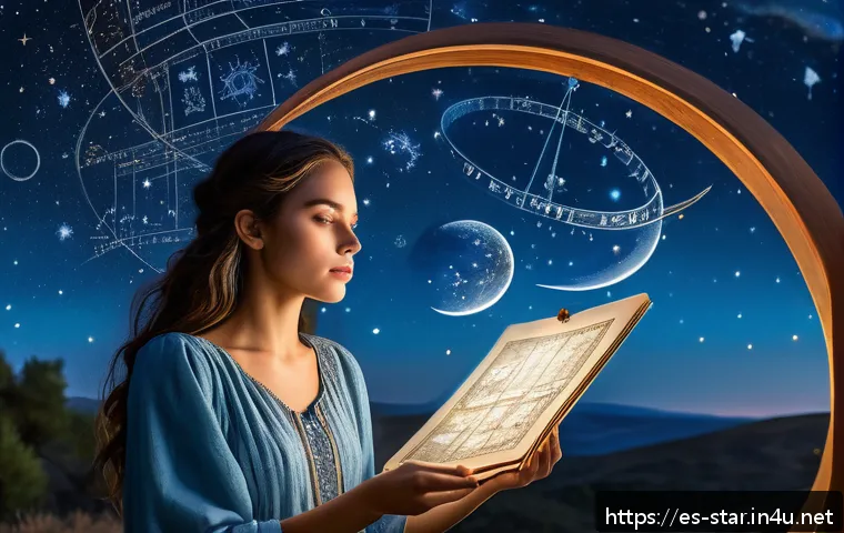 동양 별자리와 서양 별자리 차이 - A detailed, mystical scene of a Western astrology birth chart being drawn under a starry night sky, ...