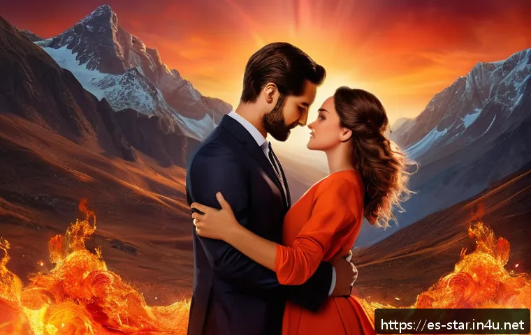 별자리별 연애 스타일 - A vibrant scene depicting the zodiac fire signs Aries, Leo, and Sagittarius in a passionate embrace,...