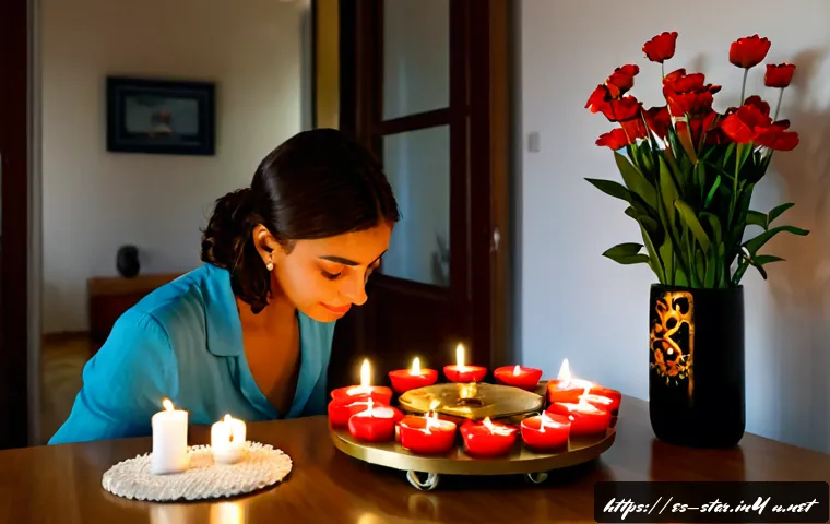 Home 30 별자리별 연애운 상승법 - Photorealistic young Spanish woman in elegant casual attire arranging fresh red flowers and two glow...