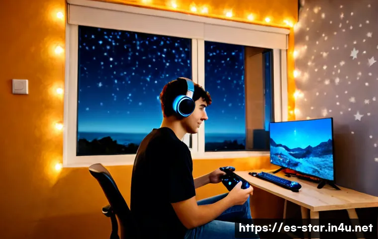 Home 17 별자리와 게임 취향 - Photorealistic cozy evening gaming room in a Spanish apartment, a young adult gamer wearing casual c...