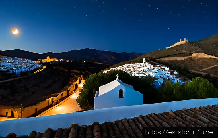 별자리와 달의 위상 - Photorealistic night sky above a quiet whitewashed Andalusian village in southern Spain, a bright cr...