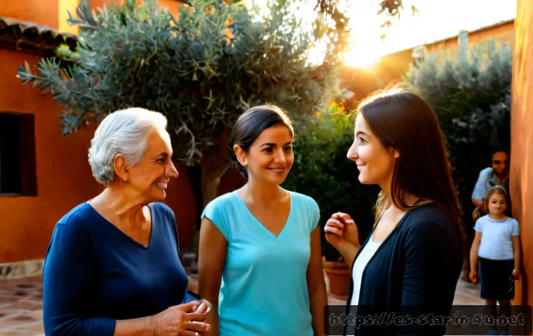별자리별 인간관계 특징 - Photorealistic warm family gathering in a Spanish courtyard at golden hour, a diverse group of adult...
