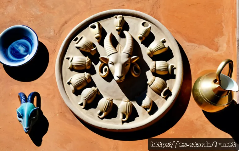 별자리별 고유 상징 - Photorealistic flat lay of twelve distinct zodiac-inspired symbolic objects arranged in a clean circ...